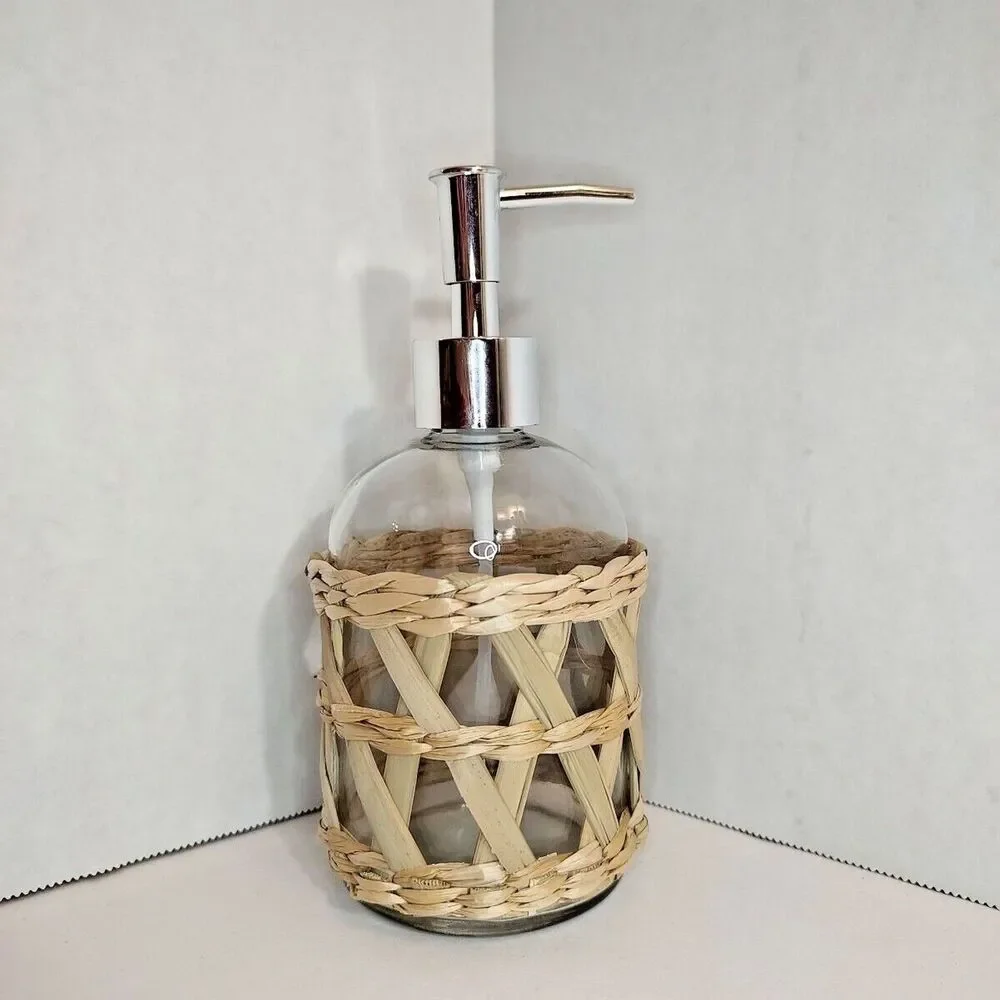 Clear Decorative Glass Silver Plastic Soap Dispenser Removable Woven Tan Raffia